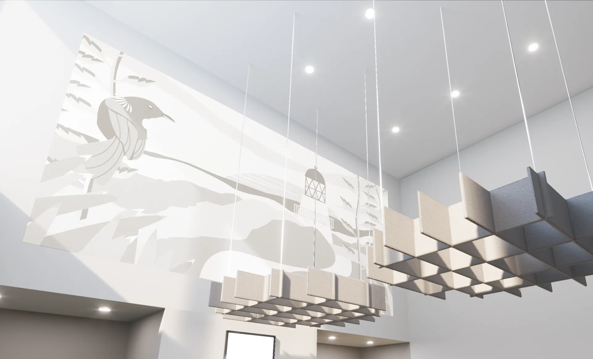 Second view of the installed acoustic wall in the membership lounge — varying panel thicknesses giving the artwork depth.