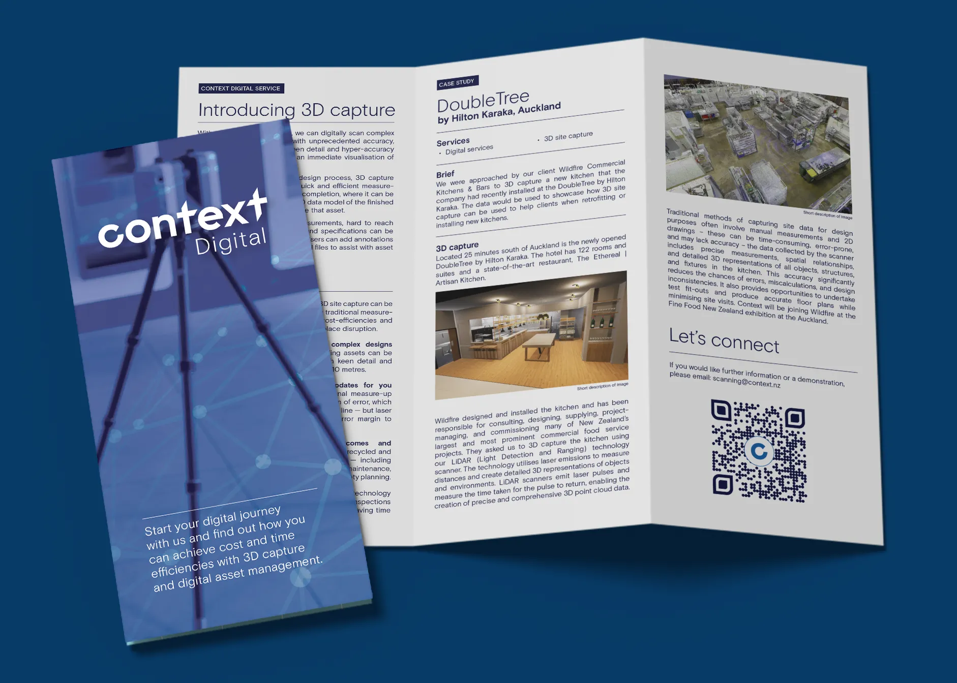 Spread from a branded Context Architects brochure — typography, grid, and marketing strategy applied.
