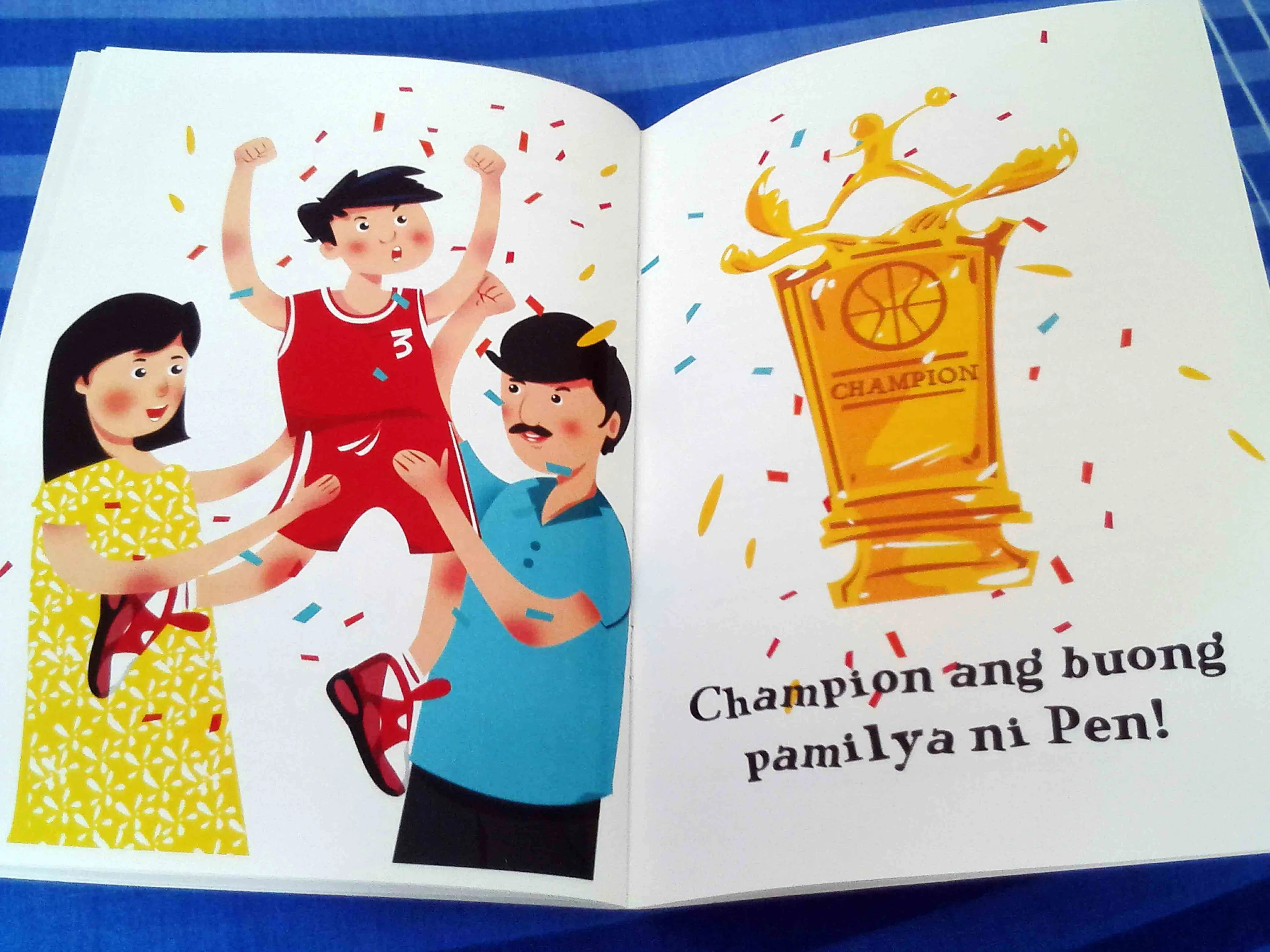 Illustrated spread from 'Kayang Kayang Kaya ni Pen!' — character composition and storytelling layout.