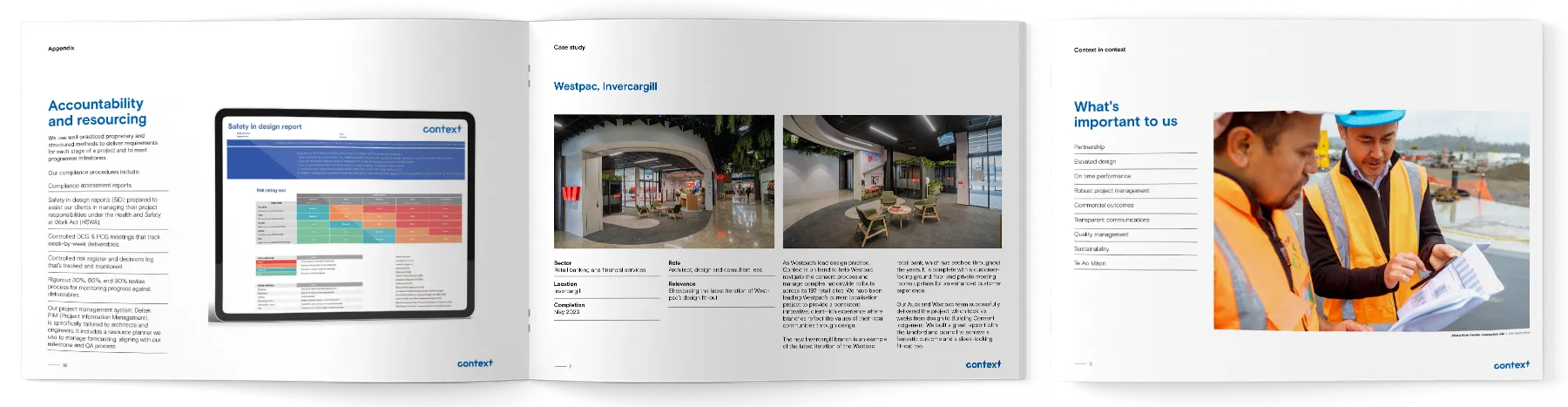 Spread from a long-form bid proposal — cover treatment and section dividers.